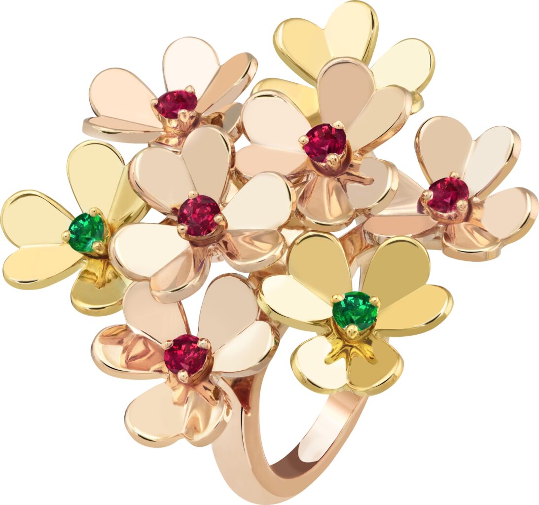 Frivole ring, 8 flowers, rose gold, yellow gold, round rubies, round emeralds